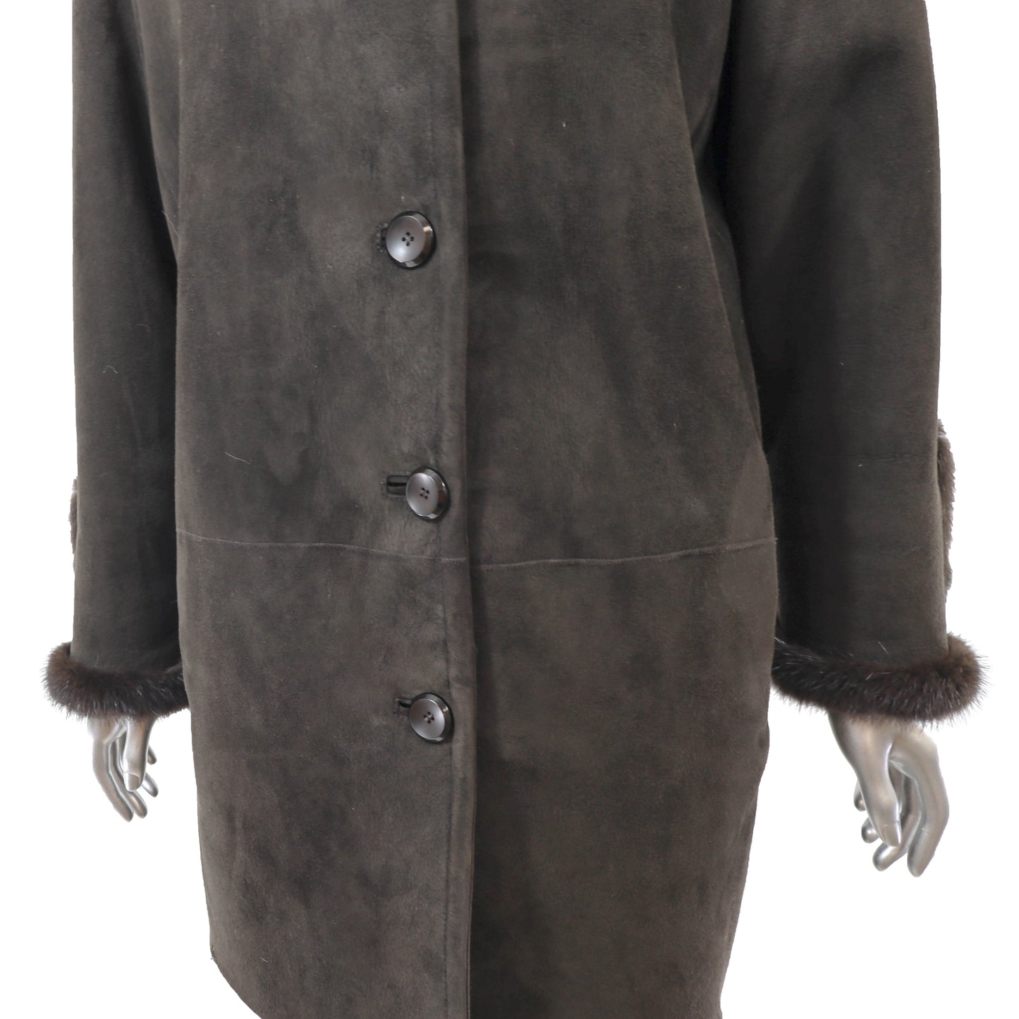 Dark Brown Shearling 3/4 Coat with Mink Collar and Detachable Hood- Size M