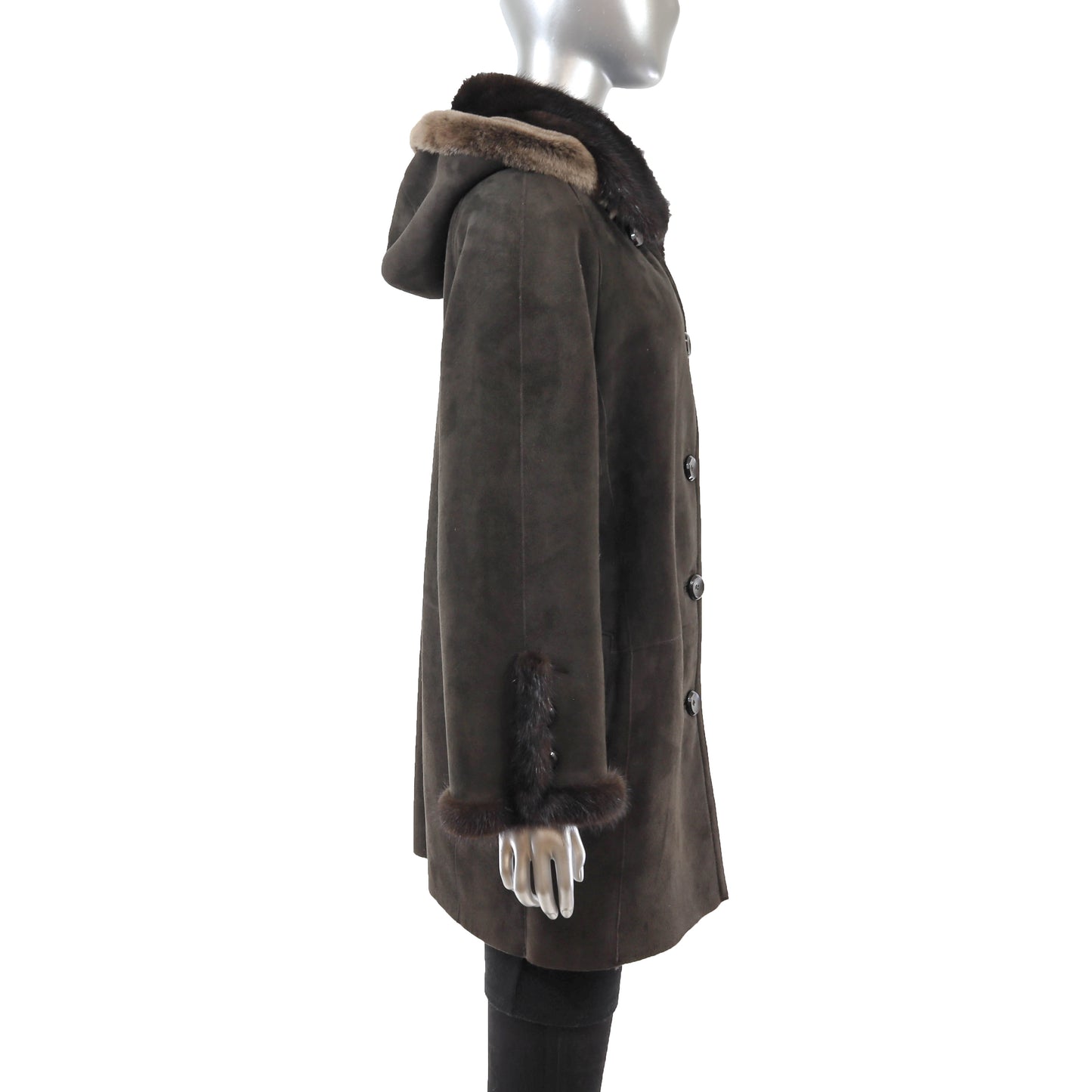 Dark Brown Shearling 3/4 Coat with Mink Collar and Detachable Hood- Size M