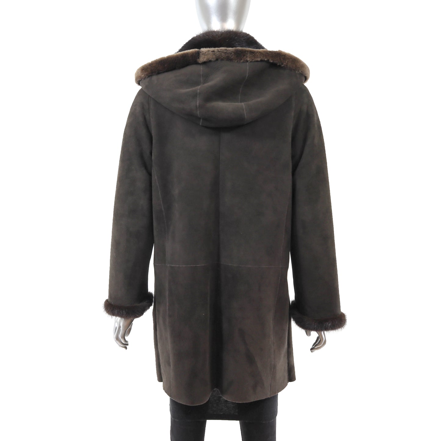 Dark Brown Shearling 3/4 Coat with Mink Collar and Detachable Hood- Size M