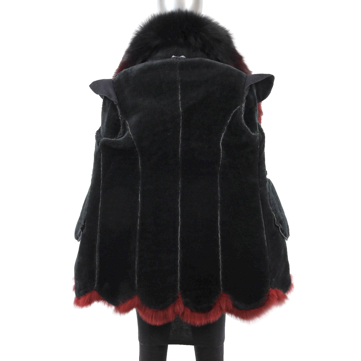 Black Shearling 3/4 Coat with Fox Trim- Size M