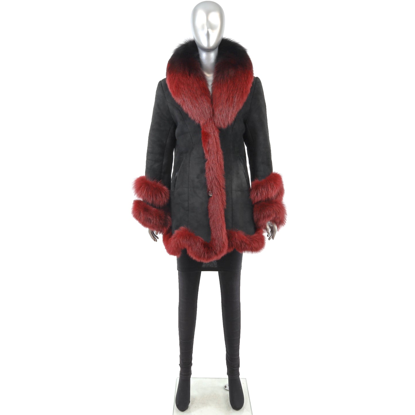 Black Shearling 3/4 Coat with Fox Trim- Size M