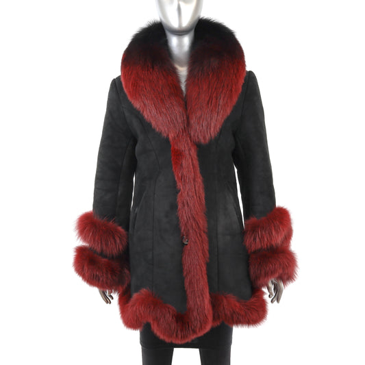 Black Shearling 3/4 Coat with Fox Trim- Size M