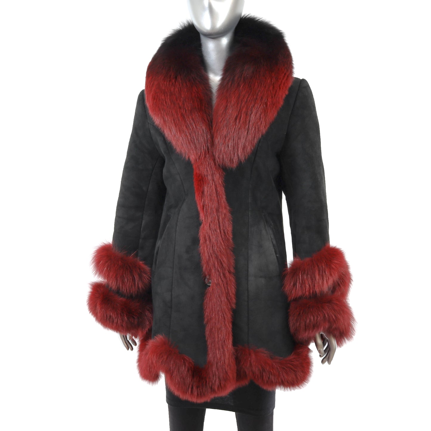 Black Shearling 3/4 Coat with Fox Trim- Size M