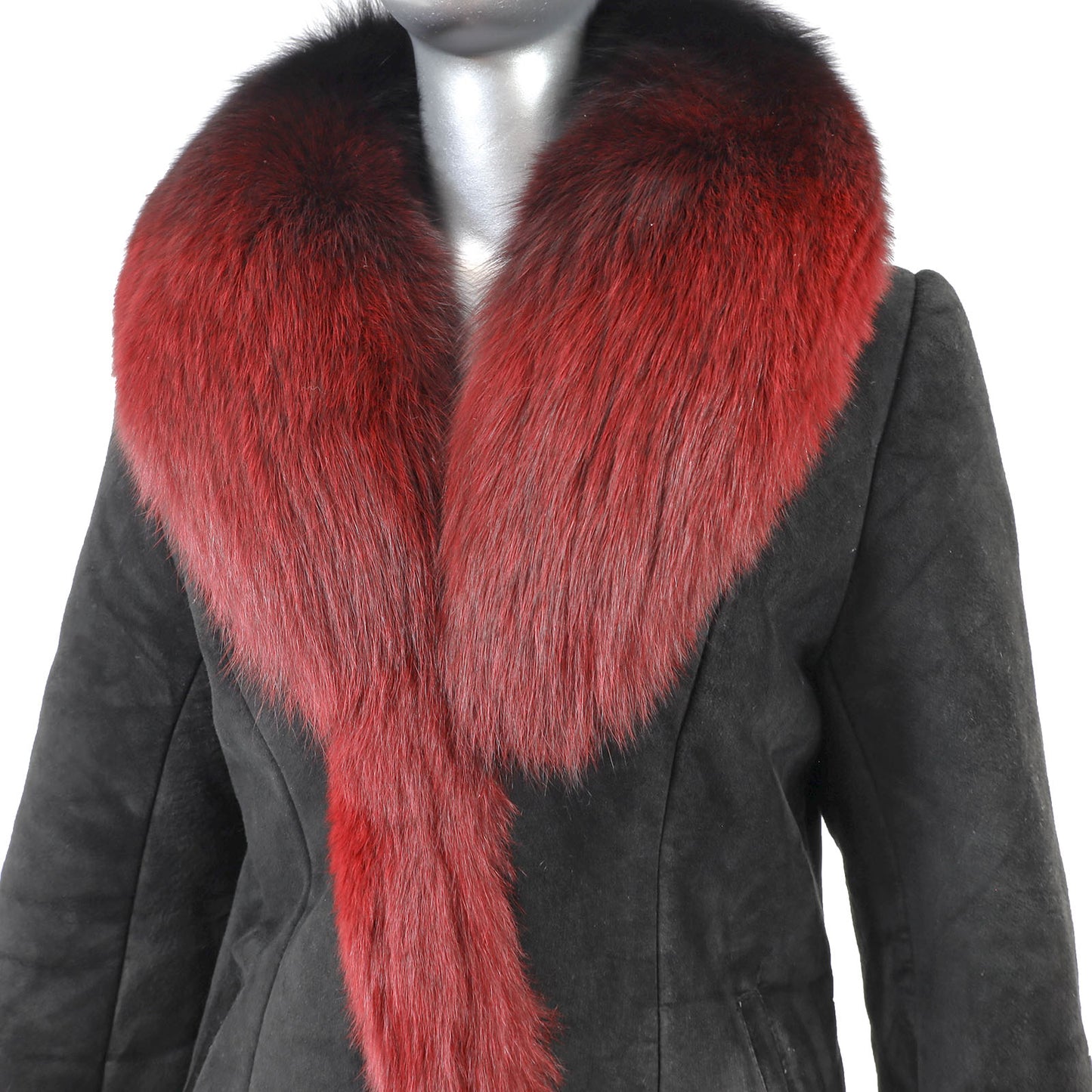 Black Shearling 3/4 Coat with Fox Trim- Size M