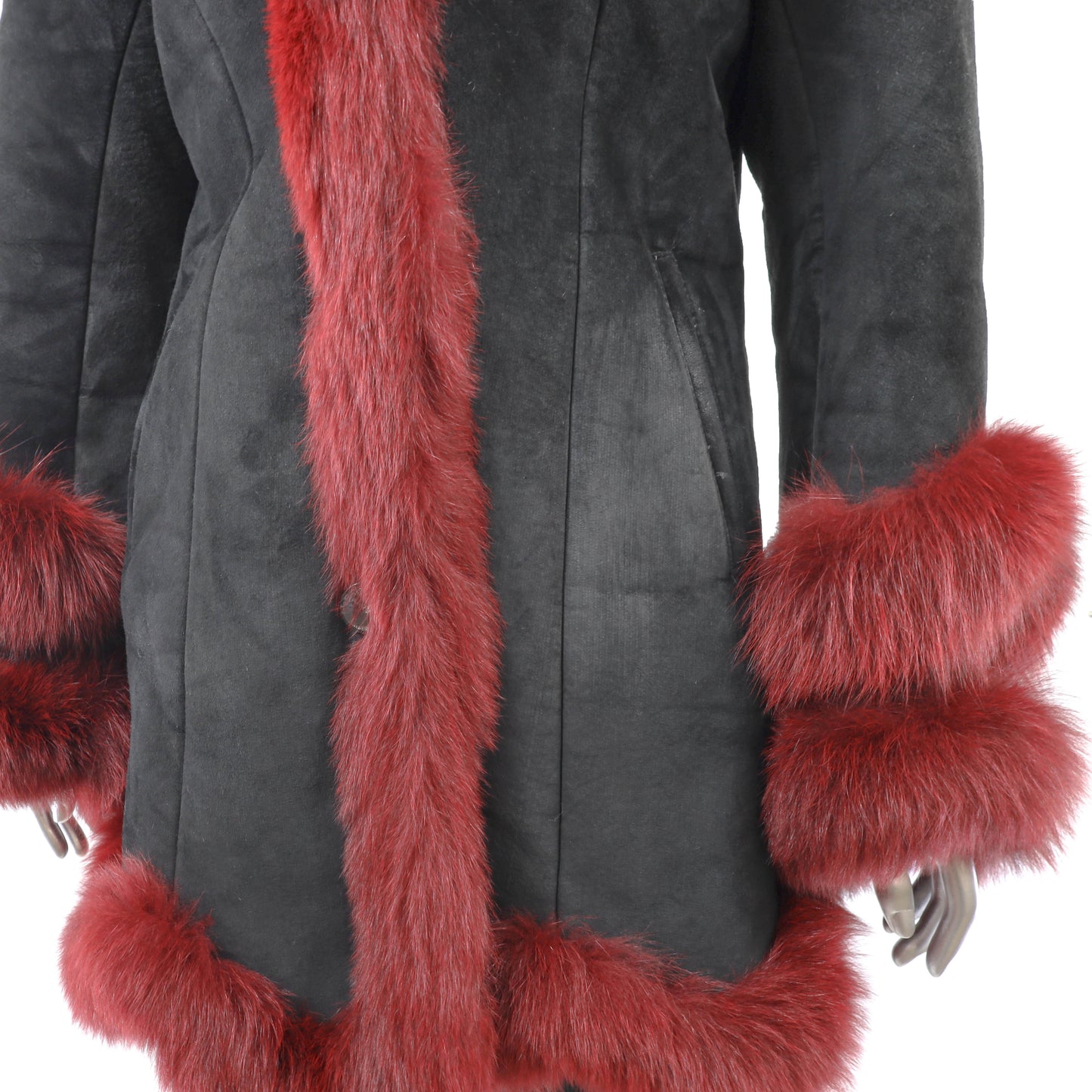 Black Shearling 3/4 Coat with Fox Trim- Size M