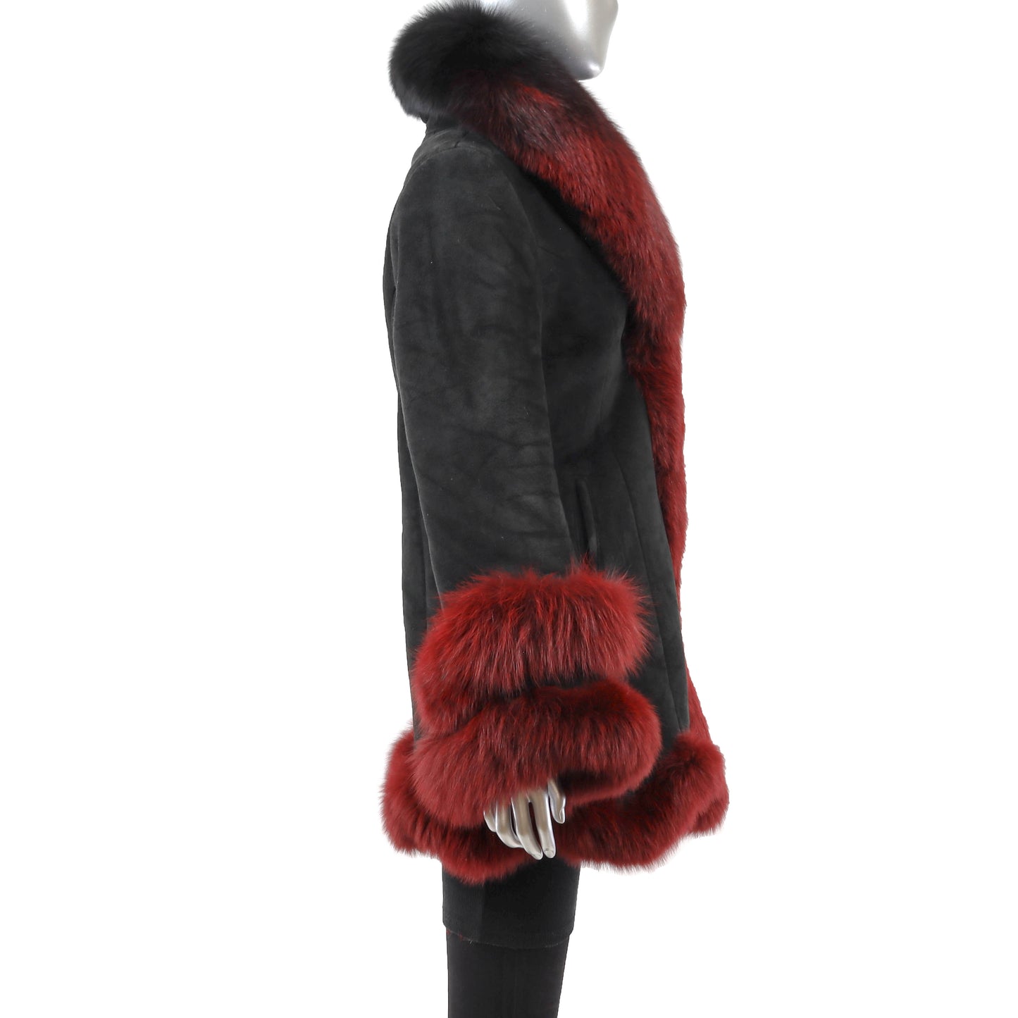 Black Shearling 3/4 Coat with Fox Trim- Size M