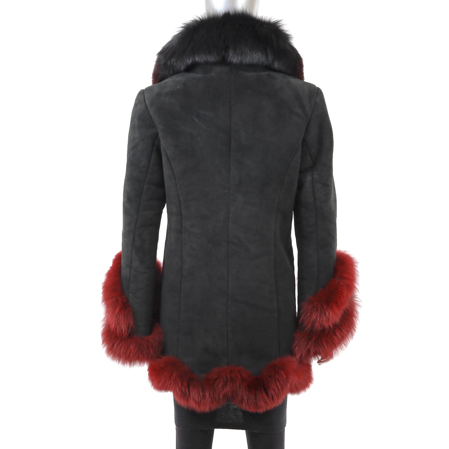 Black Shearling 3/4 Coat with Fox Trim- Size M