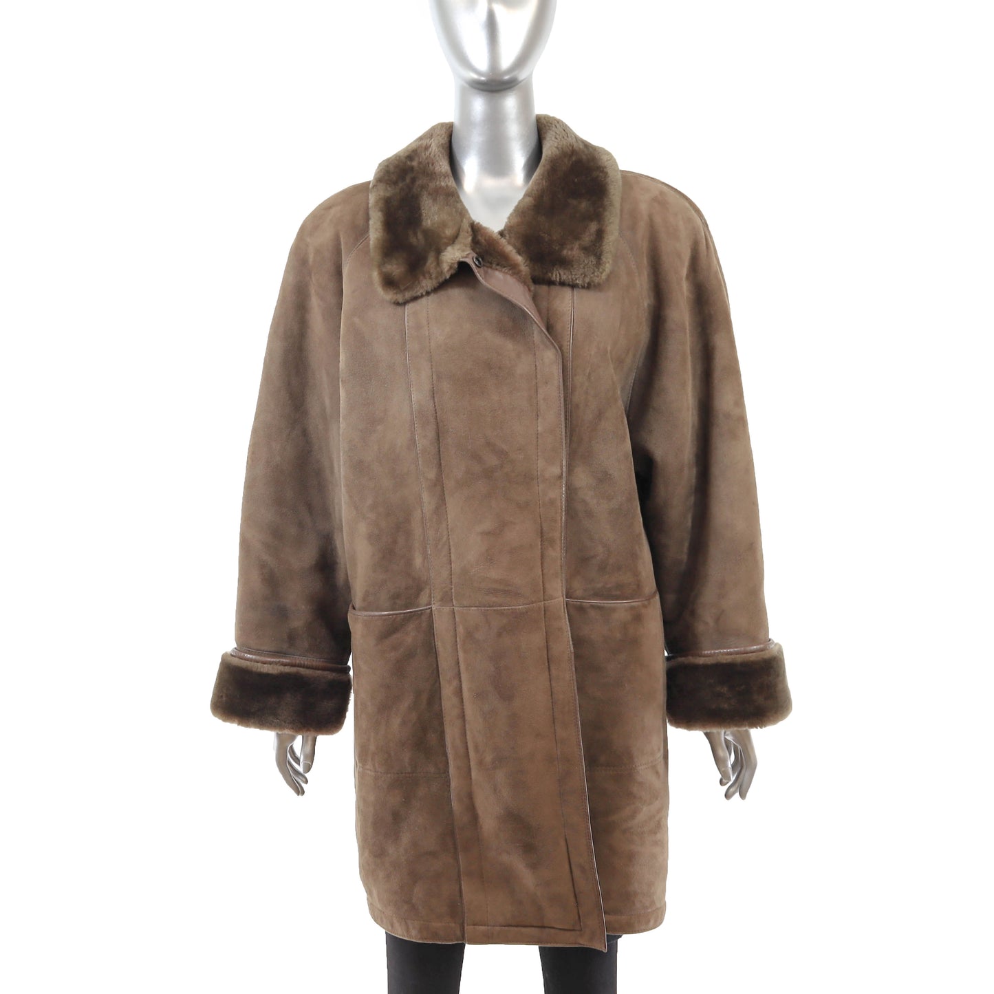 Brown Shearling 3/4 Coat with Faux Fur Trim- Size XL