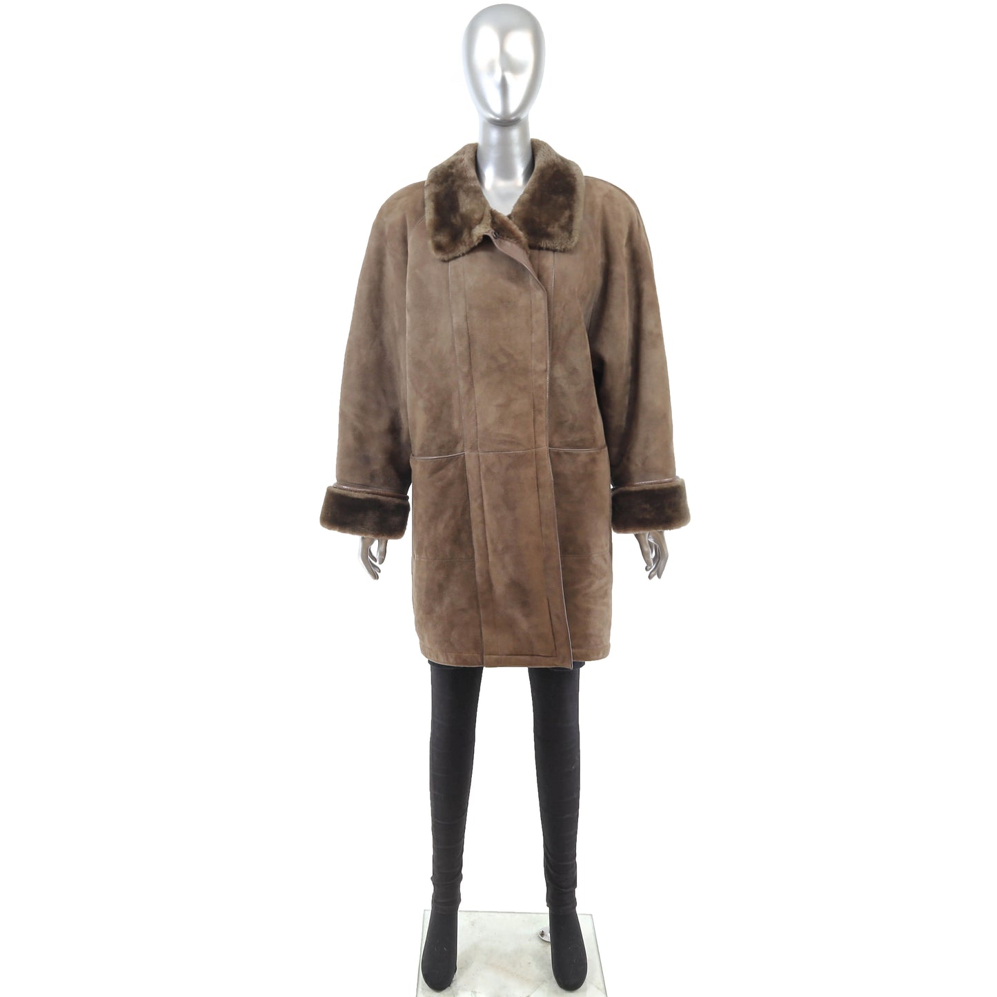 Brown Shearling 3/4 Coat with Faux Fur Trim- Size XL