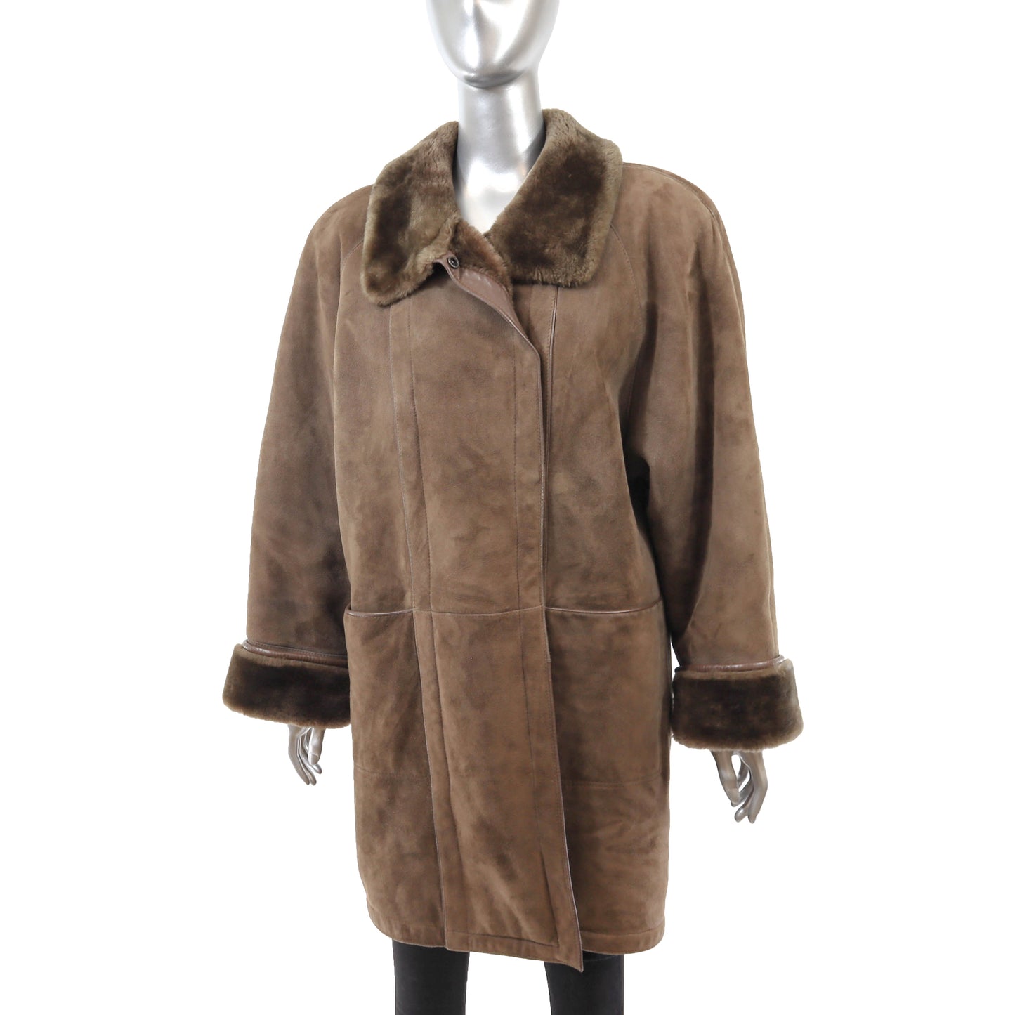 Brown Shearling 3/4 Coat with Faux Fur Trim- Size XL