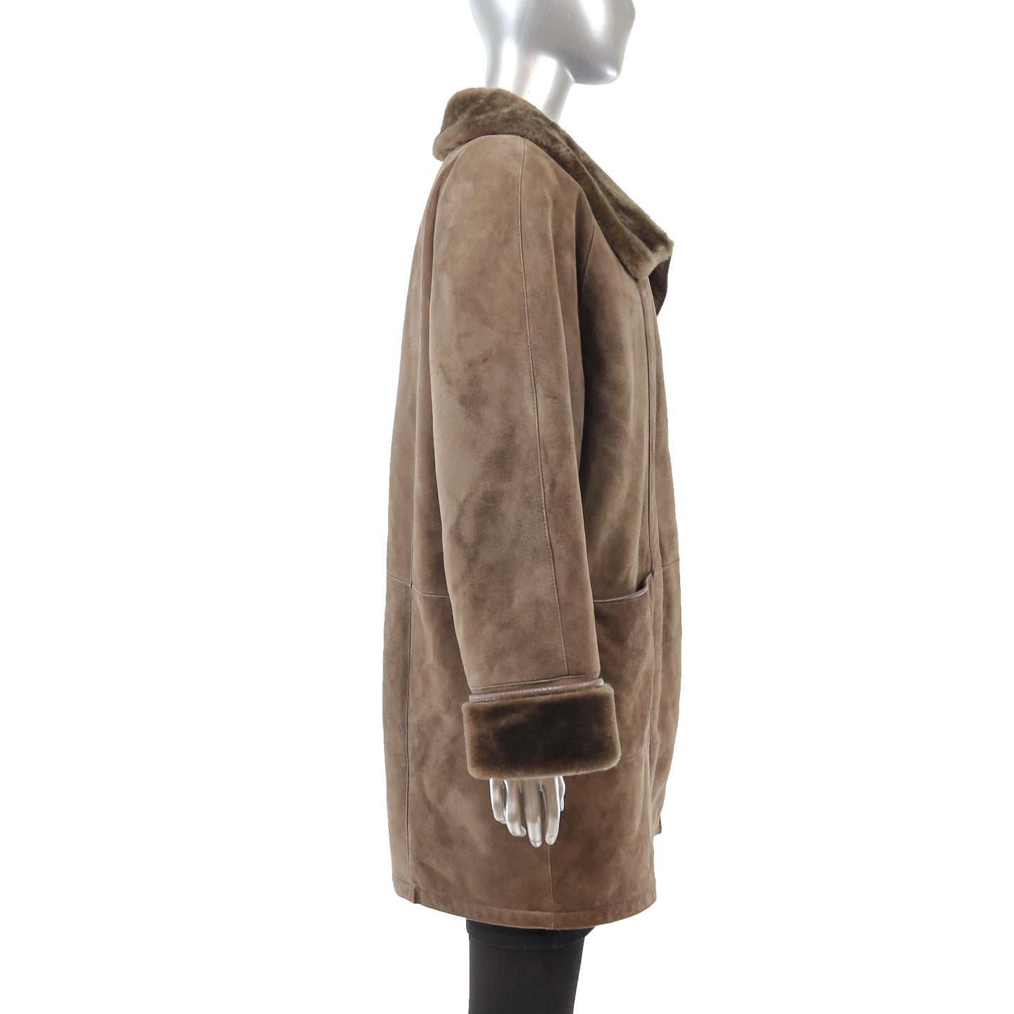 Brown Shearling 3/4 Coat with Faux Fur Trim- Size XL