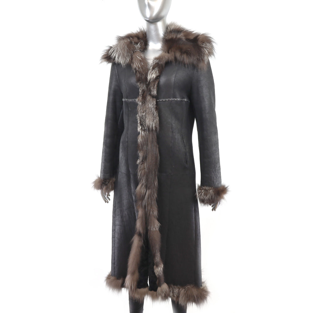 Black Shearling Coat with Fox Trim- Size S