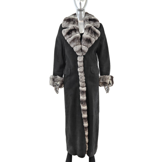 Black Shearling Coat with Chinchilla Trim- Size M