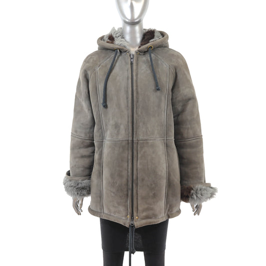 Grey Hooded Shearling Jacket- Size M