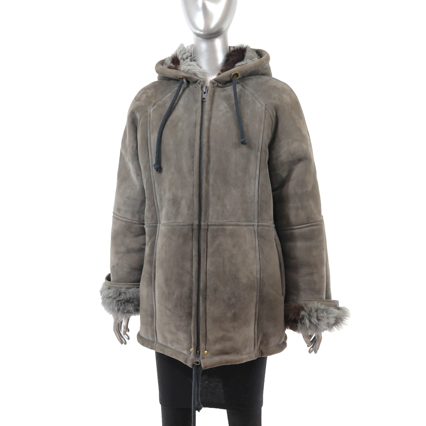 Grey Hooded Shearling Jacket- Size M