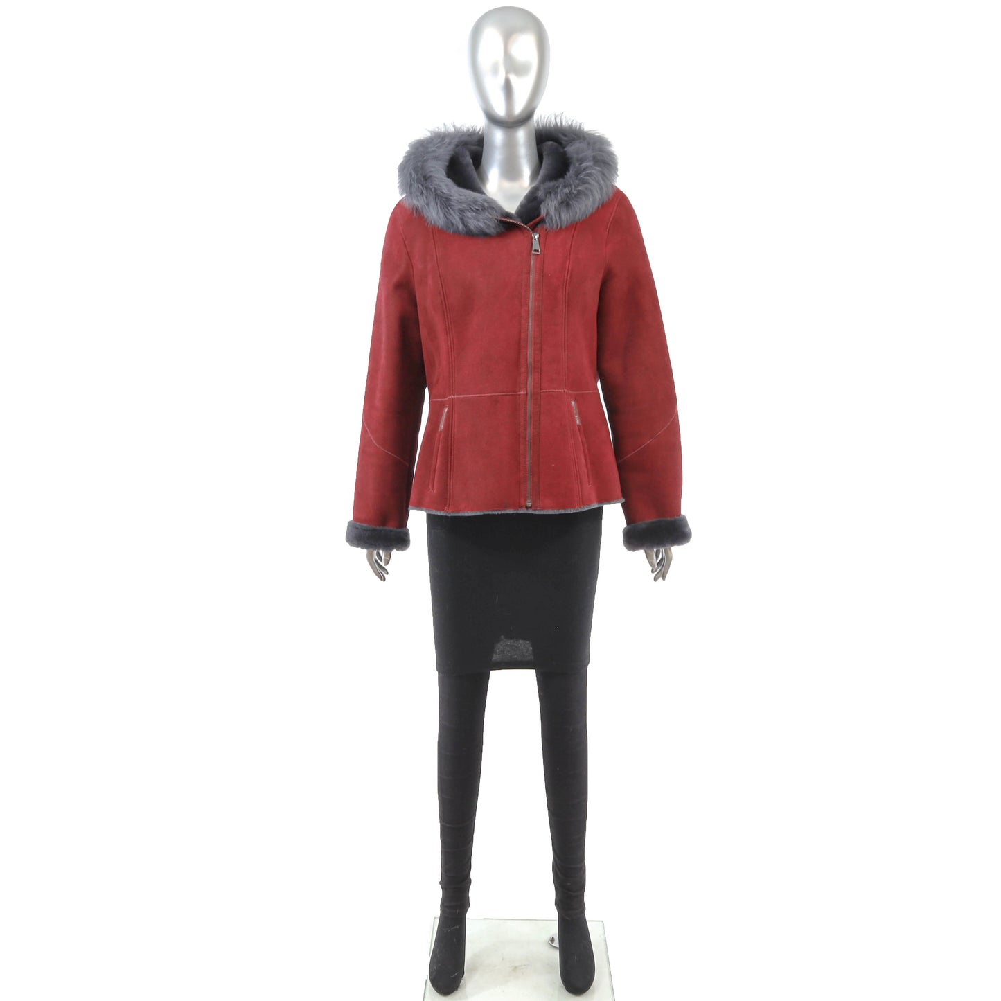 Red Hooded Shearling Jacket- Size L
