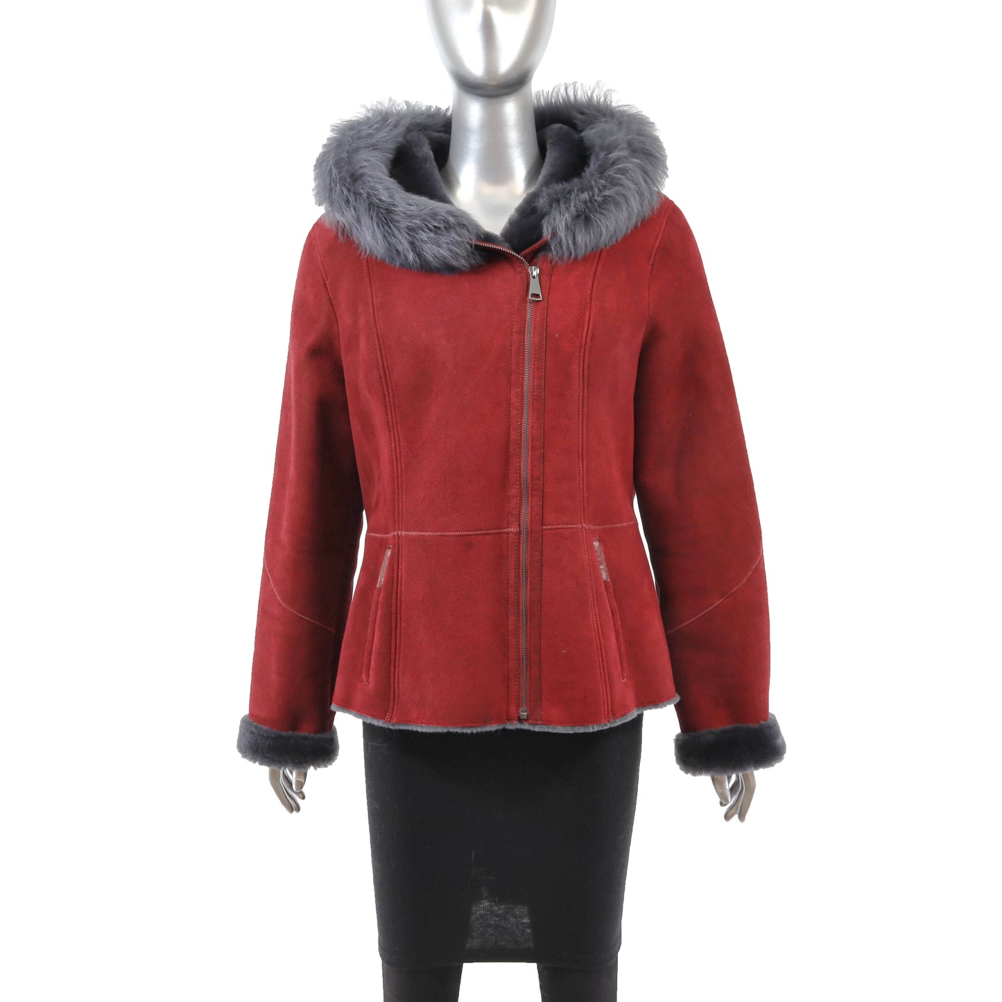 Red Hooded Shearling Jacket- Size L