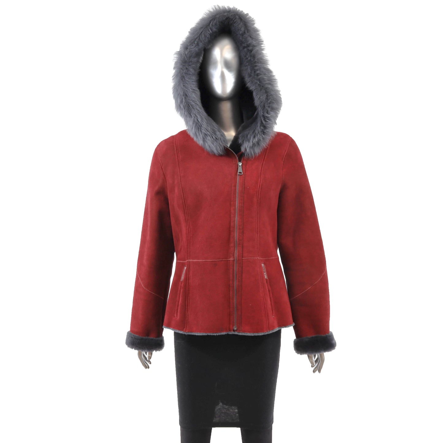 Red Hooded Shearling Jacket- Size L