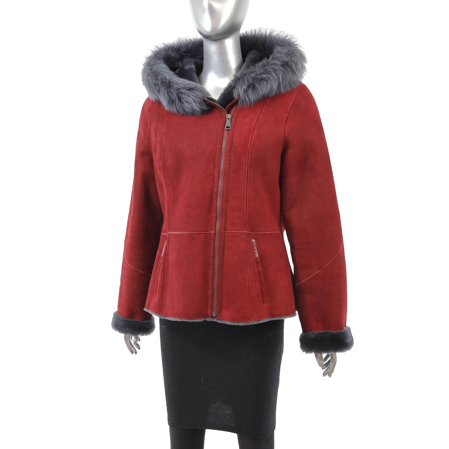 Red Hooded Shearling Jacket- Size L