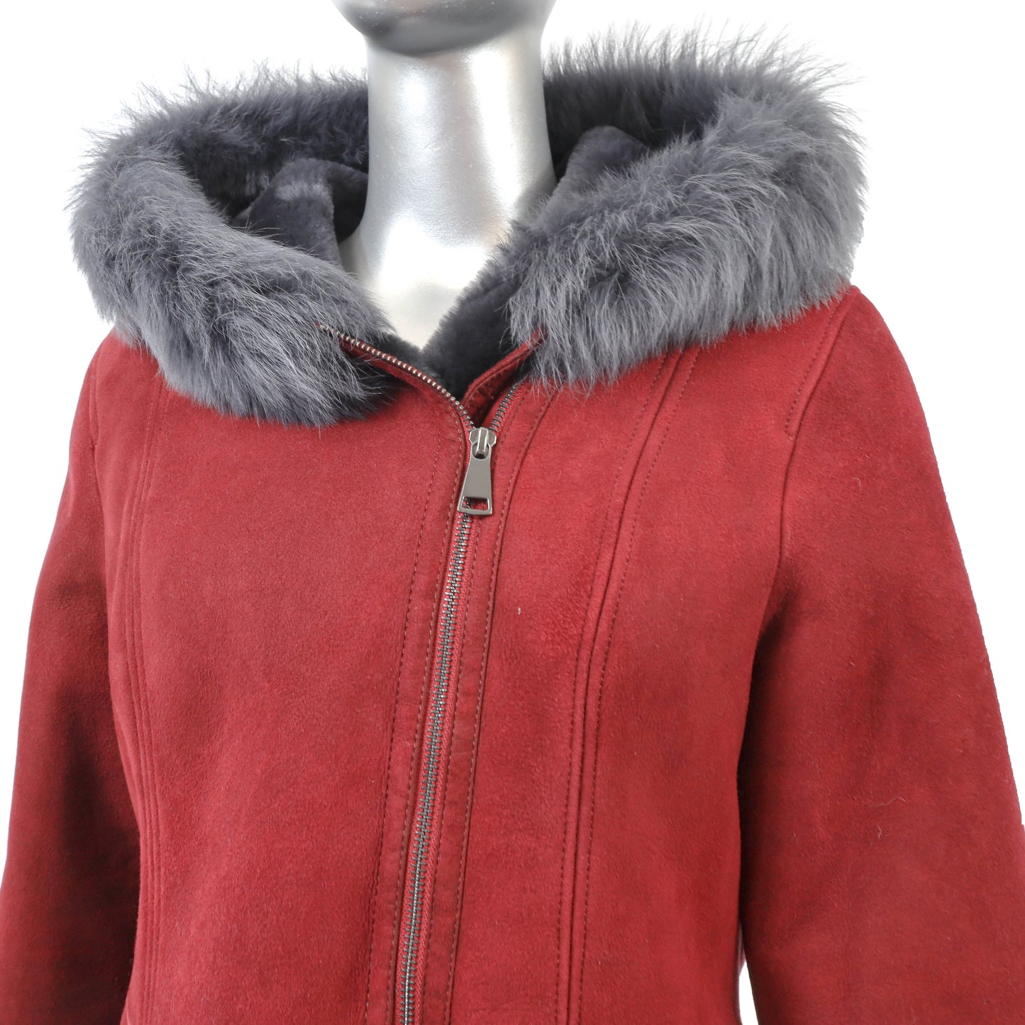 Red Hooded Shearling Jacket- Size L