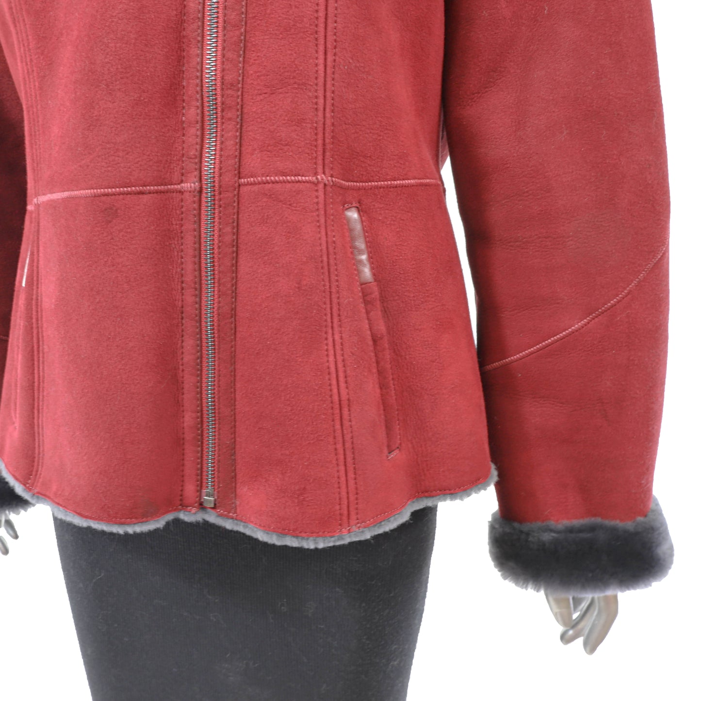 Red Hooded Shearling Jacket- Size L