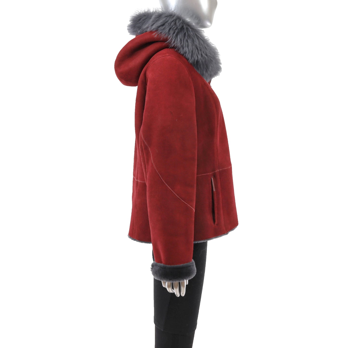 Red Hooded Shearling Jacket- Size L