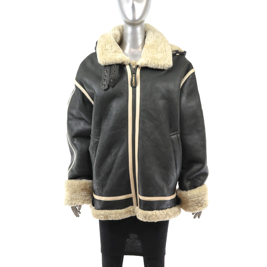 Men's Dark Green Shearling Jacket with Detachable Hood- Size XXL