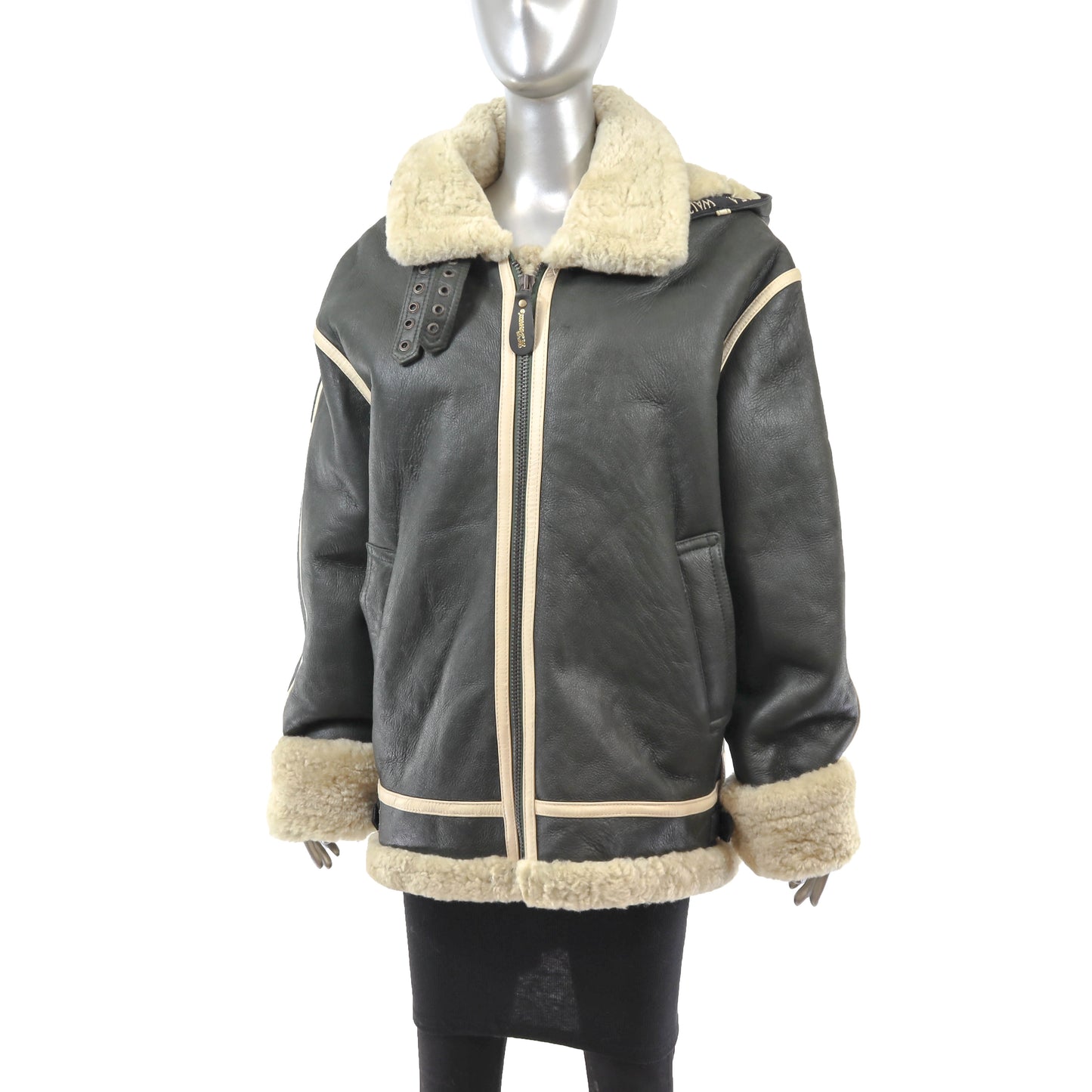 Men's Dark Green Shearling Jacket with Detachable Hood- Size XXL