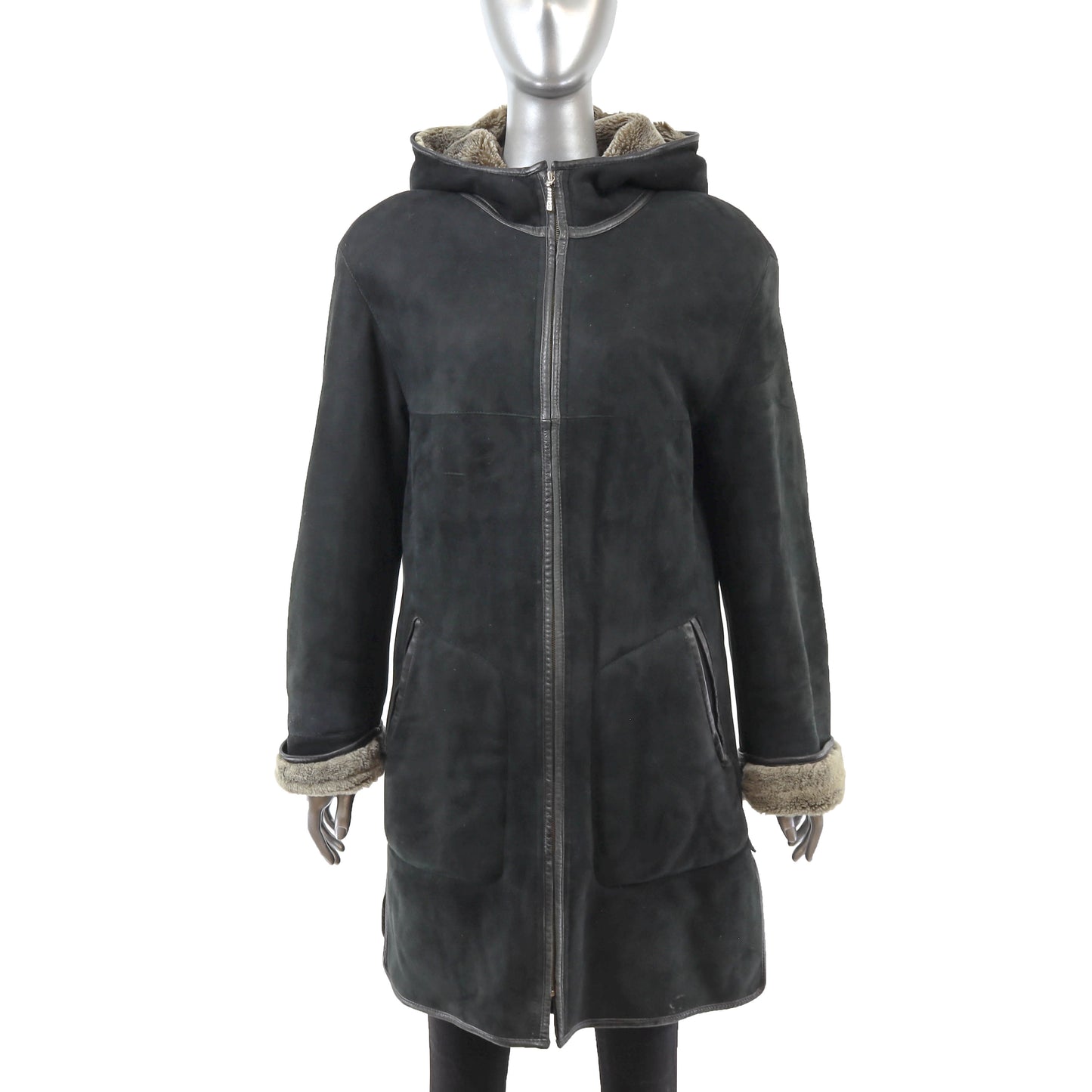 Black Hooded Shearling Jacket- Size M