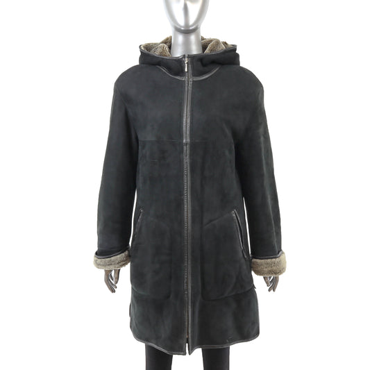 Black Hooded Shearling Jacket- Size M