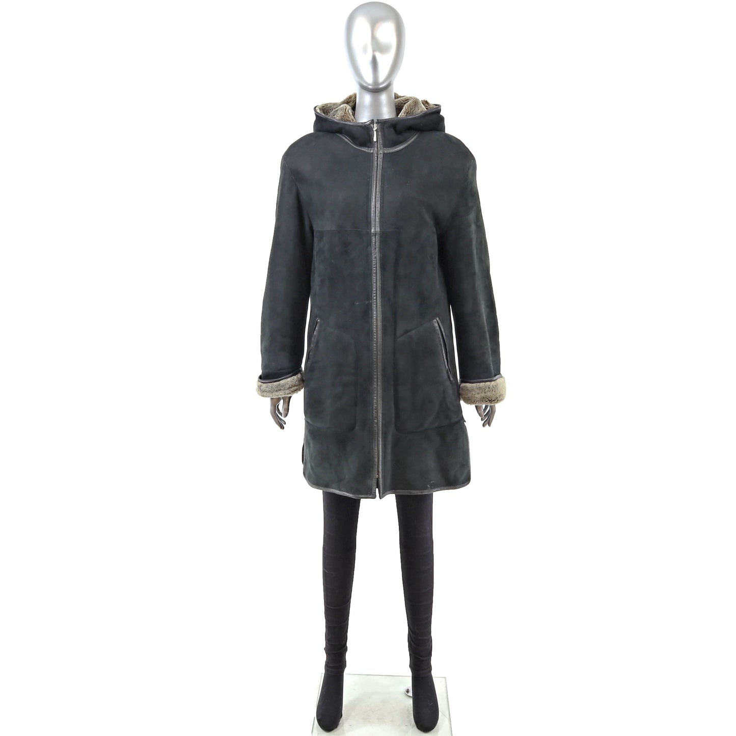 Black Hooded Shearling Jacket- Size M