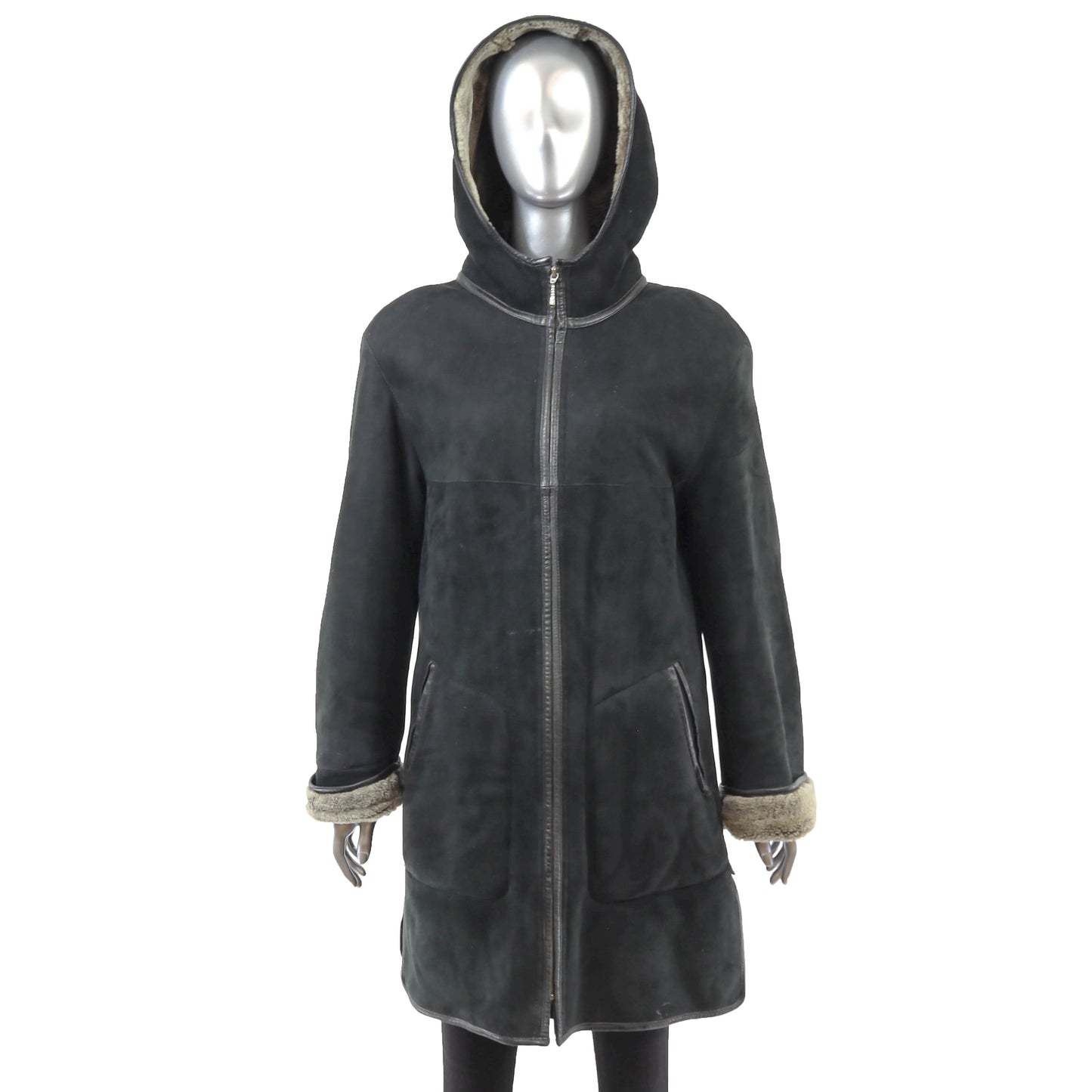 Black Hooded Shearling Jacket- Size M