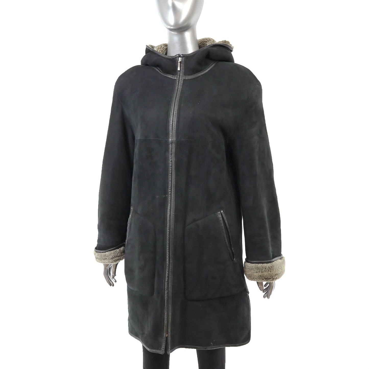 Black Hooded Shearling Jacket- Size M