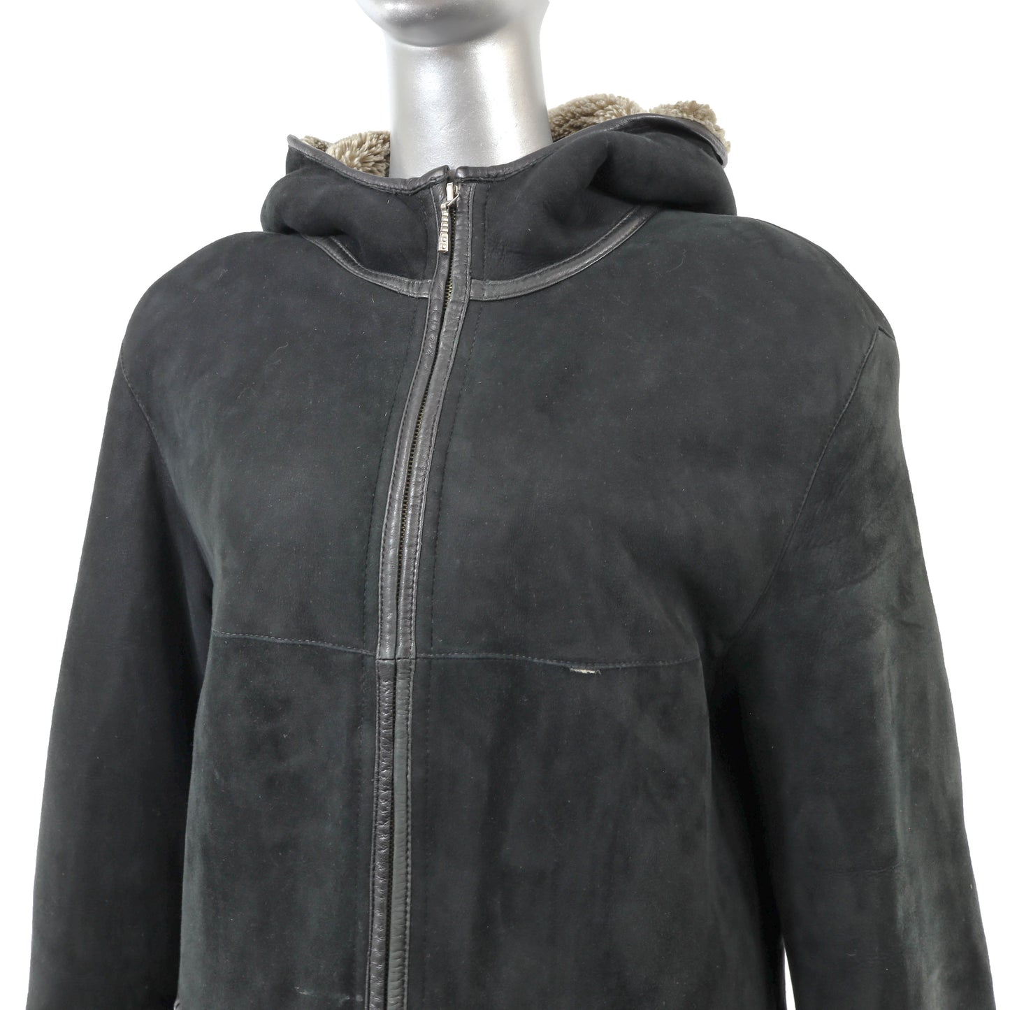 Black Hooded Shearling Jacket- Size M