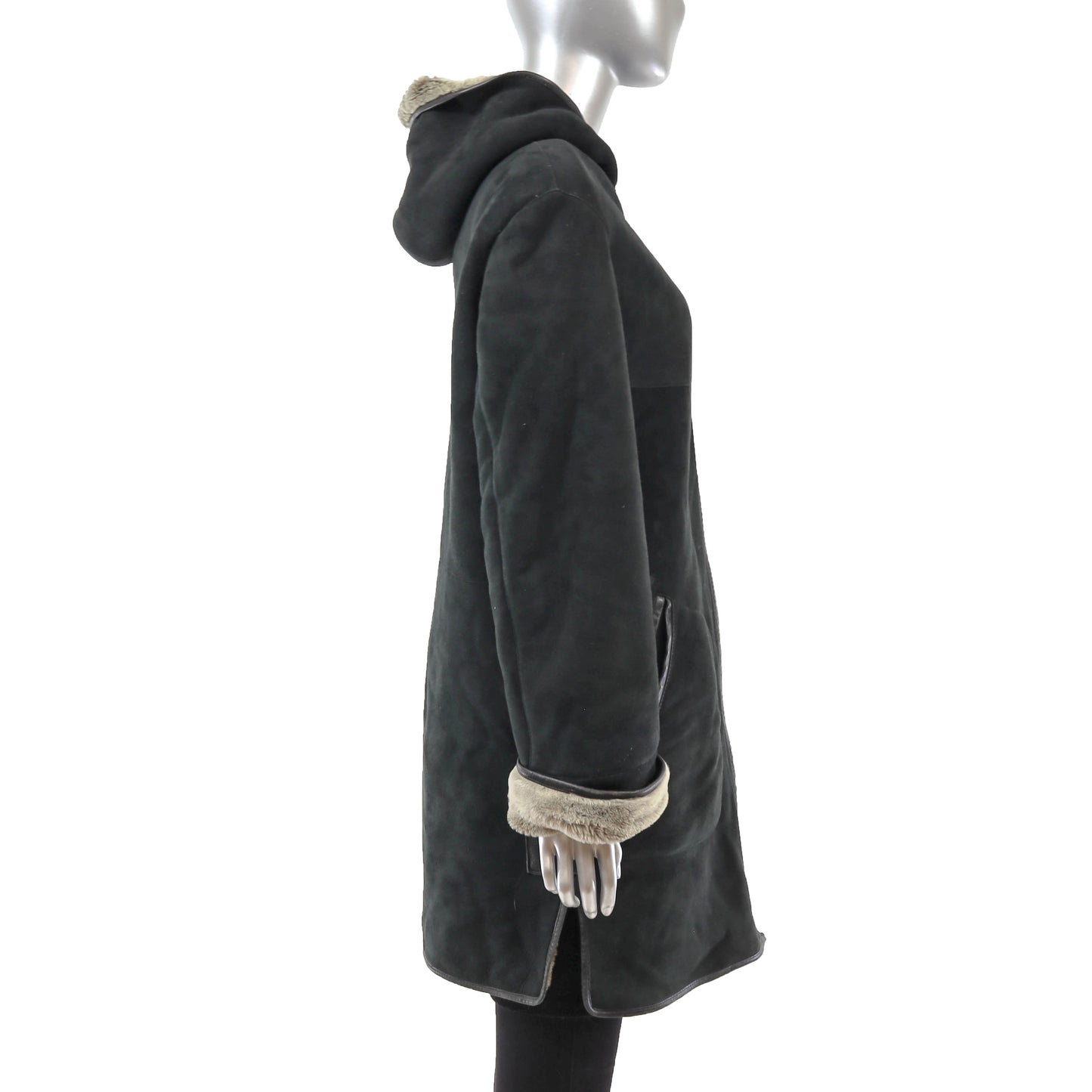 Black Hooded Shearling Jacket- Size M