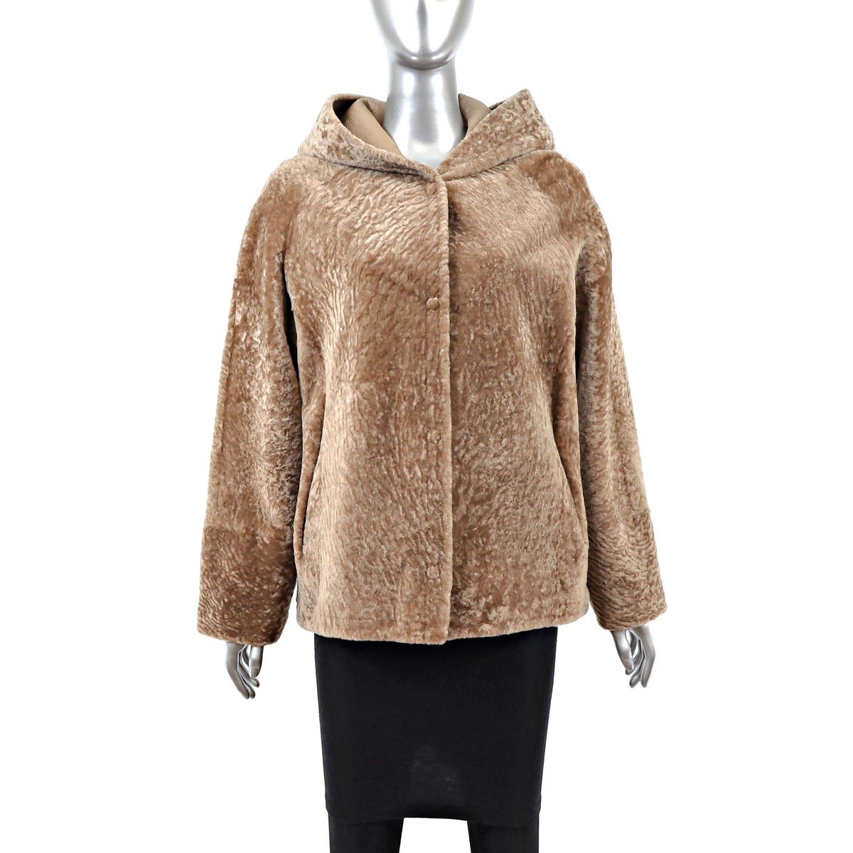 Camel Hooded Shearling Jacket- Size M