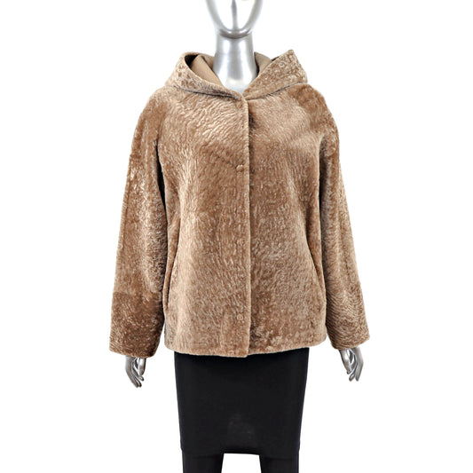 Camel Hooded Shearling Jacket- Size M