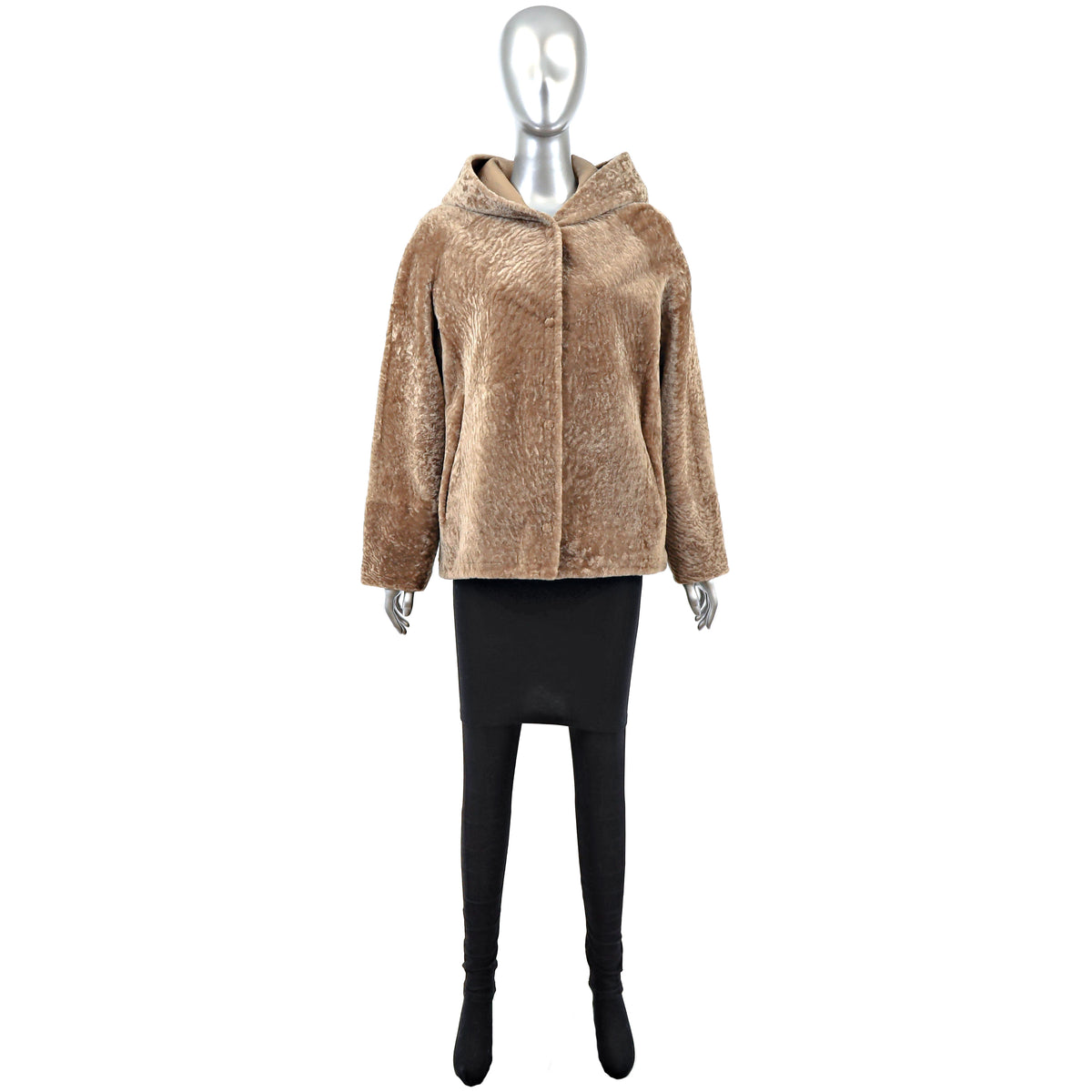 Camel Hooded Shearling Jacket- Size M