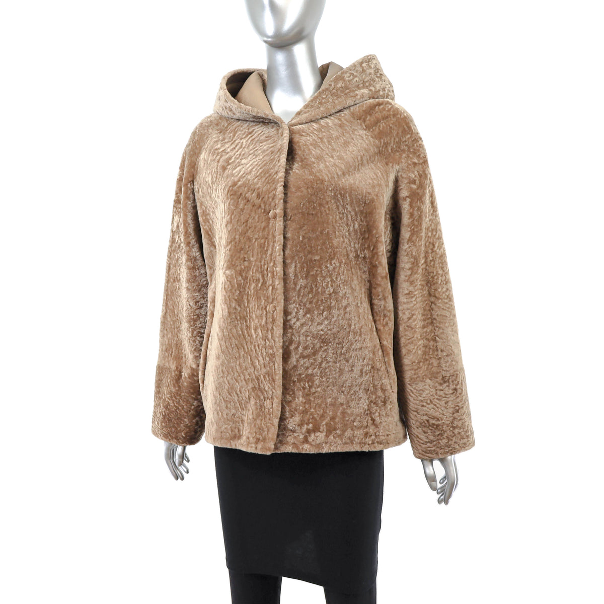 Camel Hooded Shearling Jacket- Size M