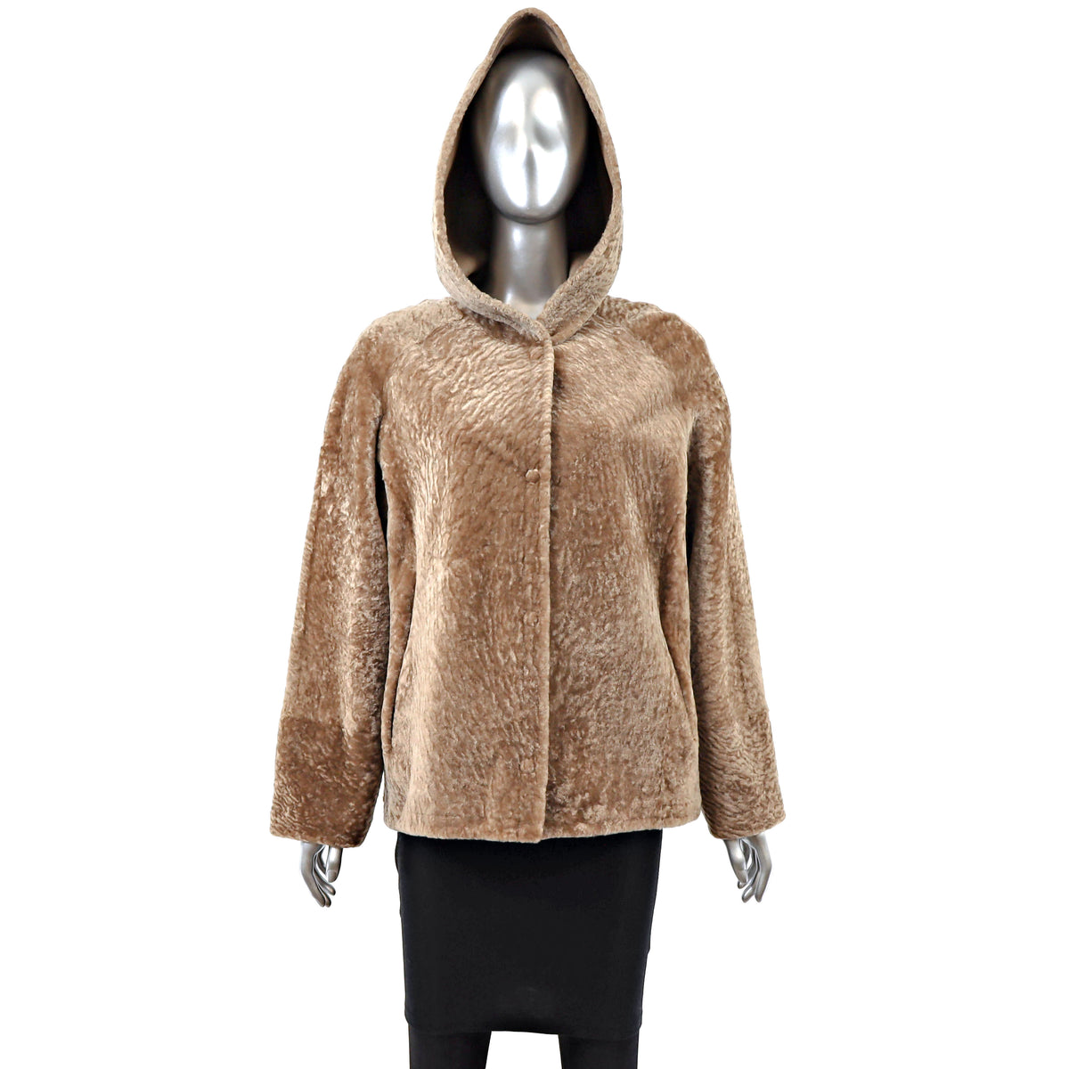 Camel Hooded Shearling Jacket- Size M