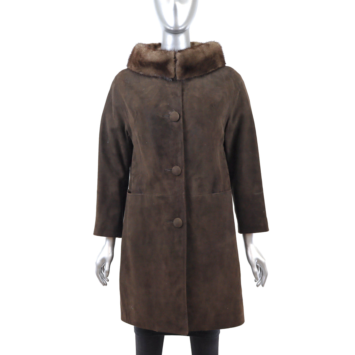 Brown Suede Coat with Mink Collar- Size M