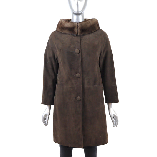Brown Suede Coat with Mink Collar- Size M