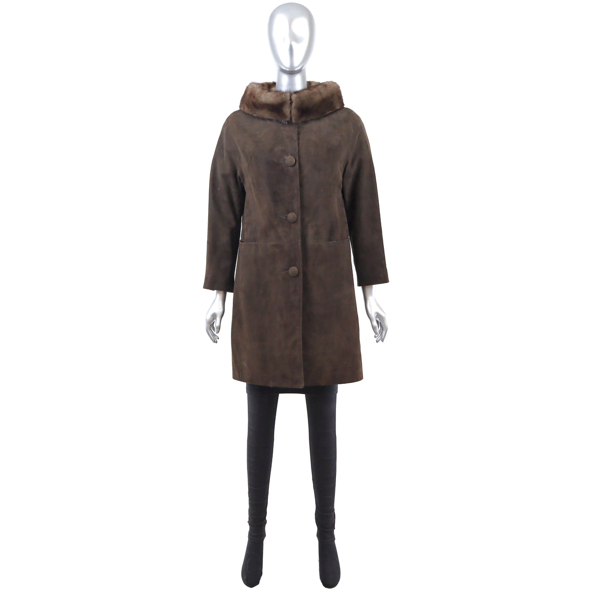 Brown Suede Coat with Mink Collar- Size M