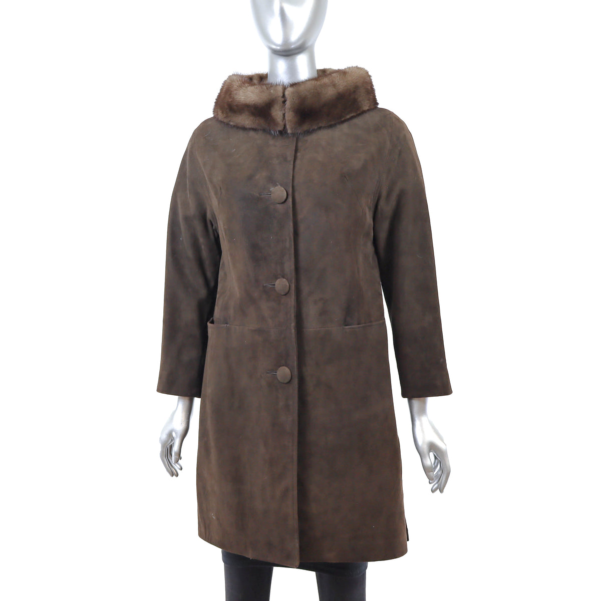 Brown Suede Coat with Mink Collar- Size M