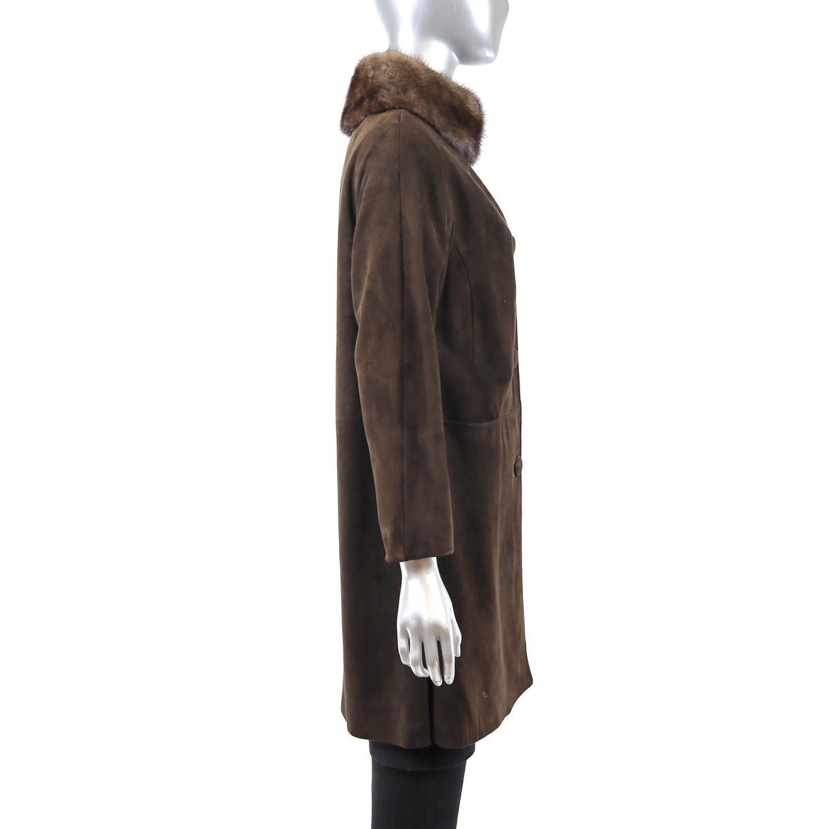 Brown Suede Coat with Mink Collar- Size M