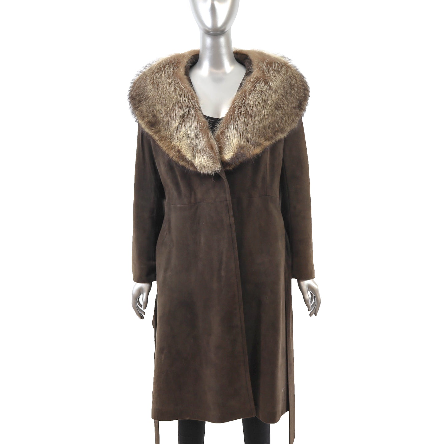 Brown Suede Coat with Raccoon Collar- Size M