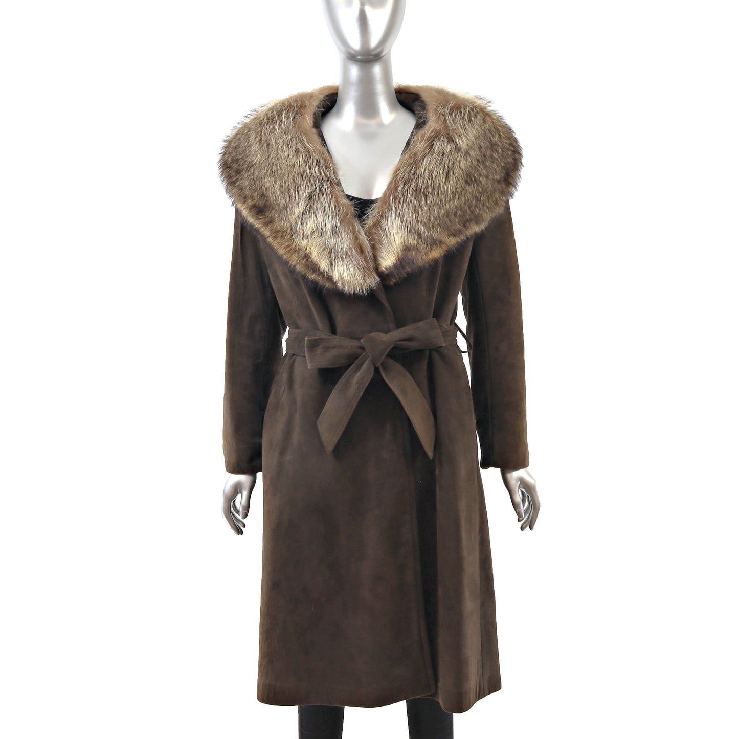 Brown Suede Coat with Raccoon Collar- Size M