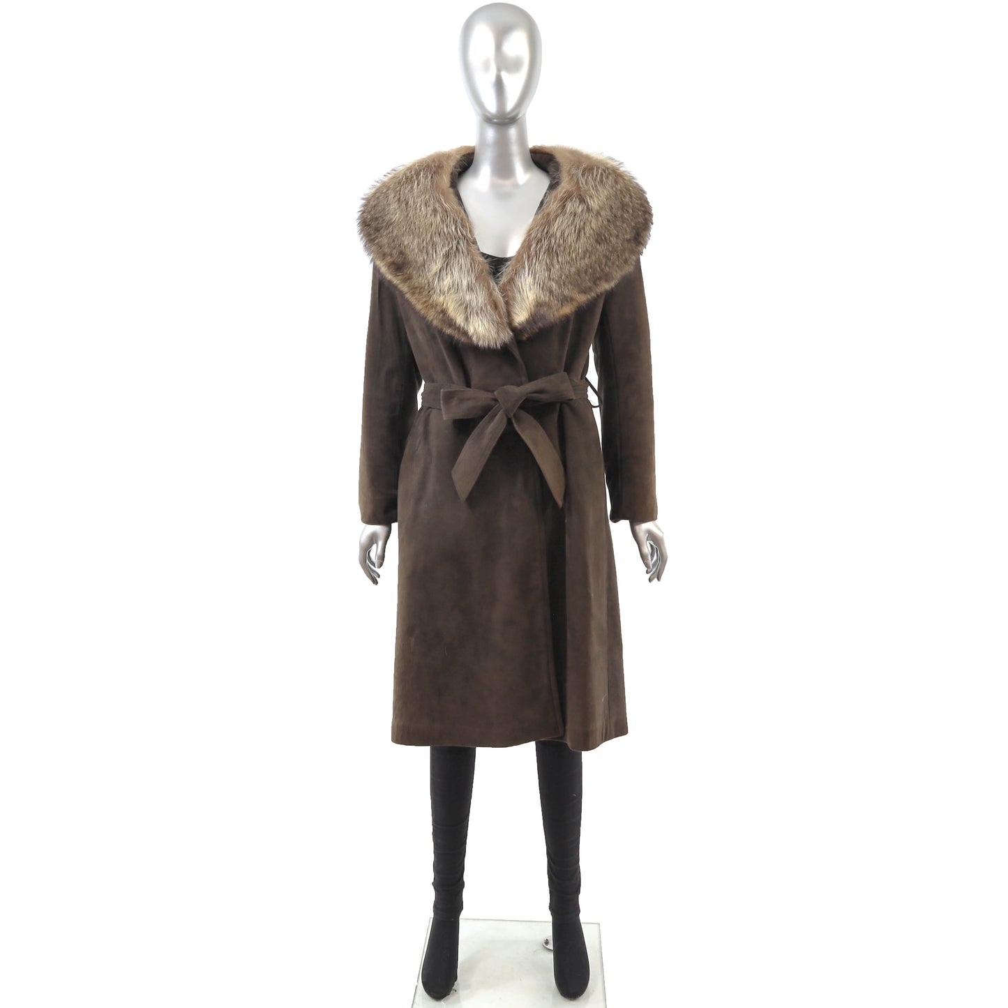 Brown Suede Coat with Raccoon Collar- Size M