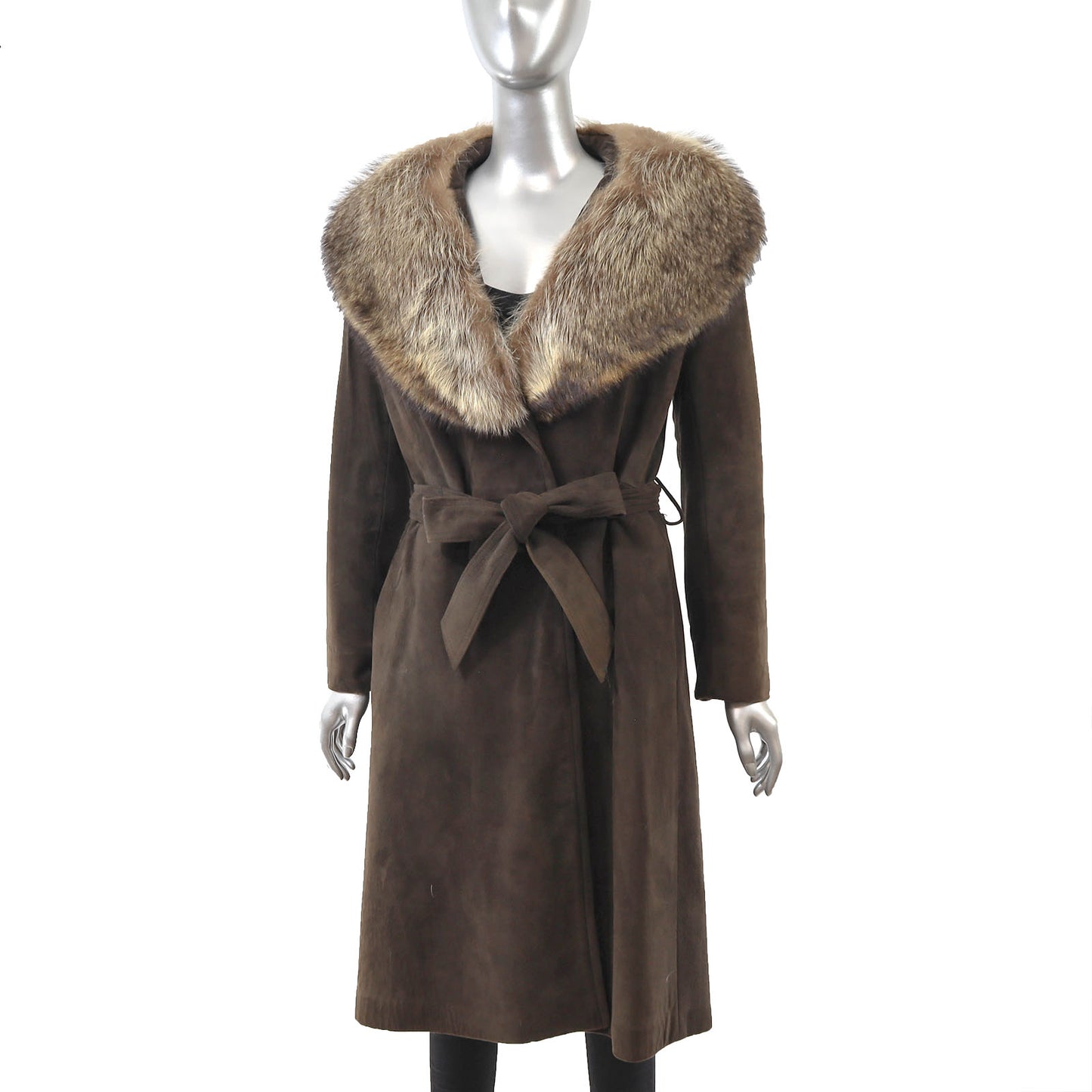 Brown Suede Coat with Raccoon Collar- Size M