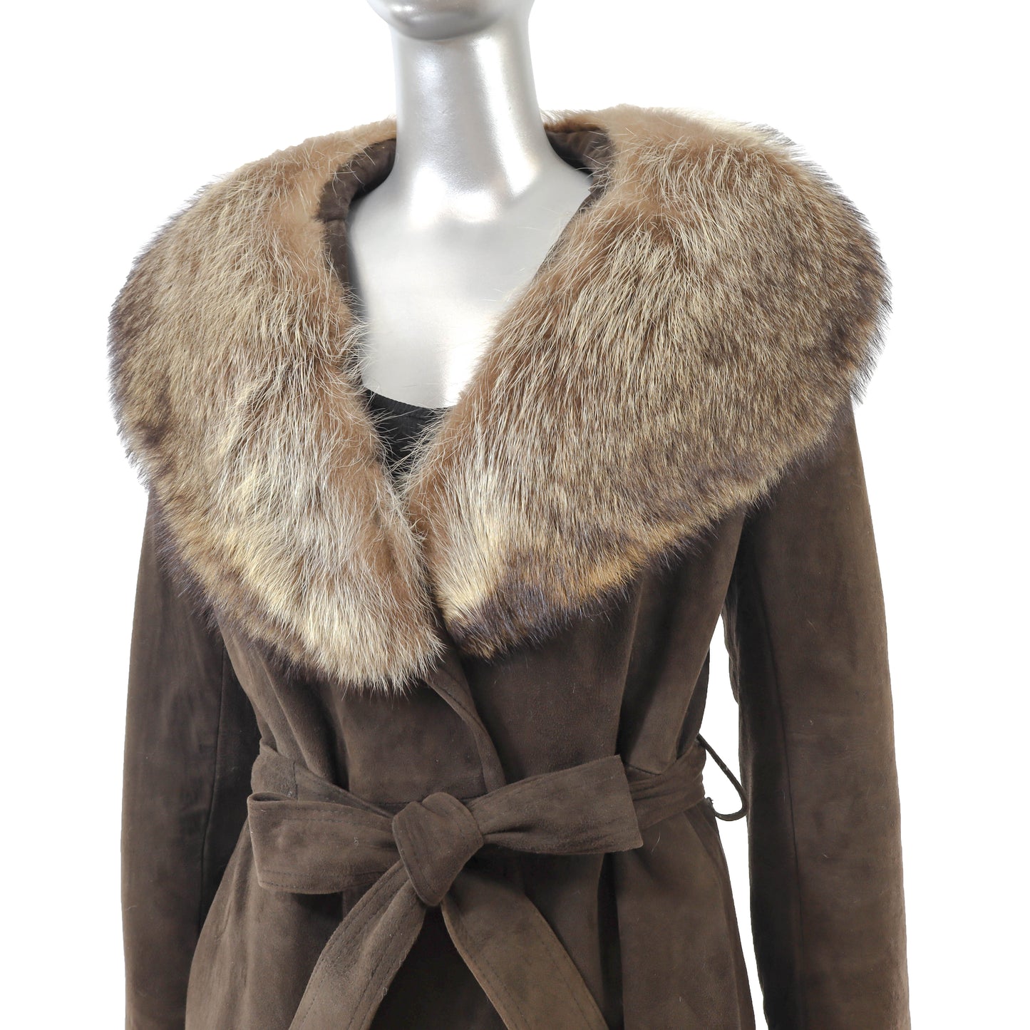 Brown Suede Coat with Raccoon Collar- Size M